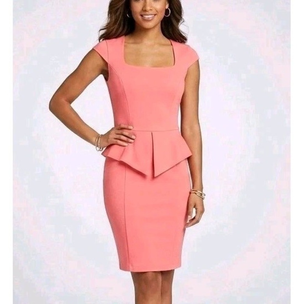 NWT Caché Peplum Sheath Dress Pink Coral Square Neck Cap Sleeve Sz 4 Y2K Retro